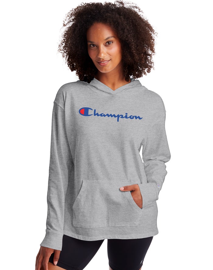 Champion Dame Hættetrøje Grå - Midweight Jersey Script Logo - Danmark NGH-072683